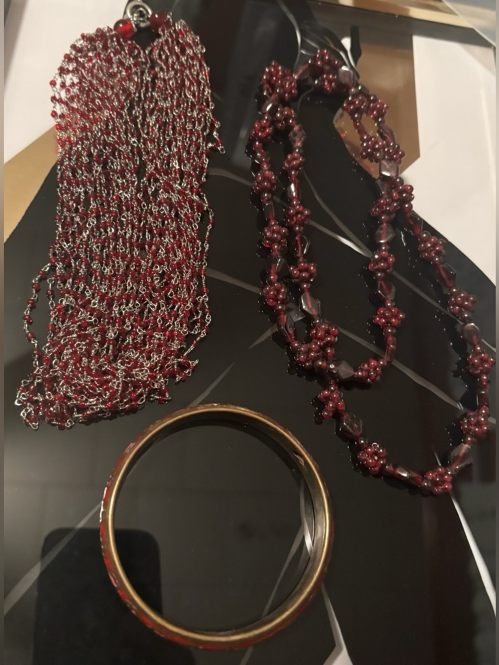 Women's Red Beaded Multi-Strand Necklace and Bangle Set